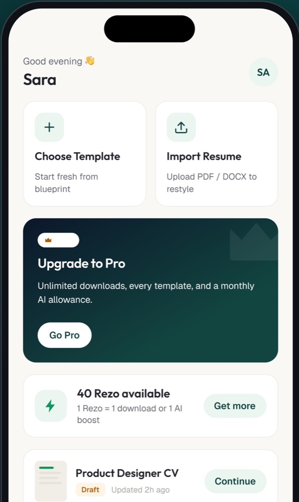 The Rezme home screen on an iPhone